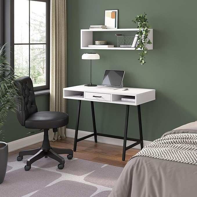 Bush Furniture Steele 40W Writing Desk in Pure White Oak | Compact Computer Table with Storage for Home Office, Study Room, or Entryway