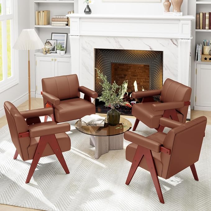 STHOUYN Brown Leather Accent Chairs Set of 2, Mid Century Modern Chair Set of 2, Side Arm Chairs for Living Room, Office Guest Waiting Room Lobby Chairs (2, Brown)