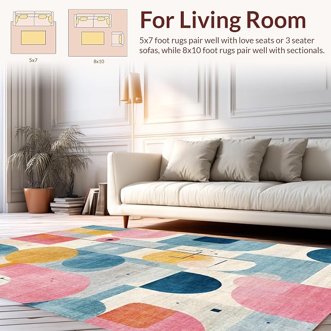 Flatwoven High Traffic Area Rug 8x10, Whimsical Abstract Animal Inspired Dotted with Playful Shapes and Gentle Swirls, Non Slip, Washable for Living Room, Bedroom (Pink, 8x10)