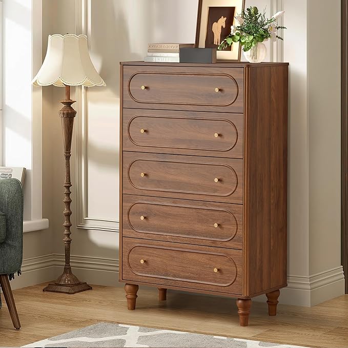 ORRD Fluted 5 Drawer Dresser for Bedroom, Mid Century Modern Chest of Drawers, Wood Storage Large Dresser Organizer for Bedroom Living Room Hallway Closet, Walnut