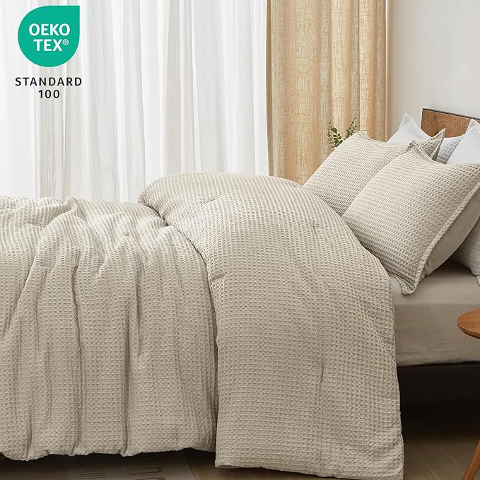 PHF Ultra Soft Waffle Weave Comforter Set Twin Size, 2 Pieces Lightweight Breathable Comfy Bedding Set, Comfy Textured 1 Comforter with 1 Pillow Shams, Linen