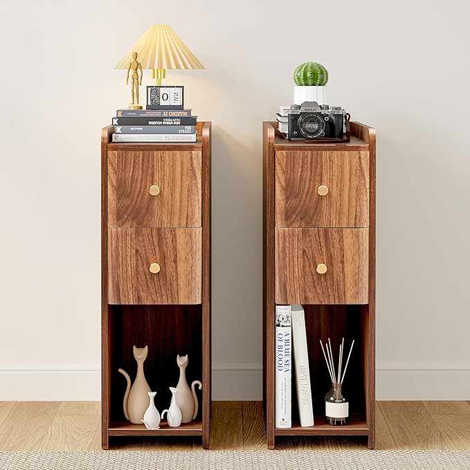 Narrow Nightstand Set of 2, Wooden Small 2 Drawer Nightstand, Slim Side End Table, Skinny Bedside Table, Mid Century Modern Night Stand with Drawers, for Bedroom (Walnut-2pcs)