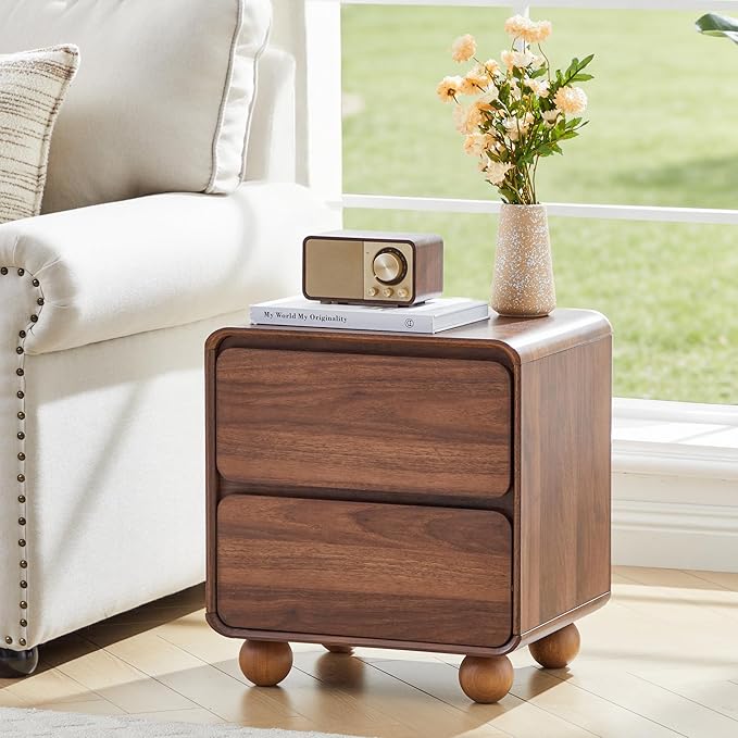 AVZEAR Modern 2 Drawer Dresser, 2 Drawer Nightstand Small Wooden Dresser Chest of Drawers, Handle Free & Curved Profile Design Sofa End Table for Living Room, Nursery, Walnut