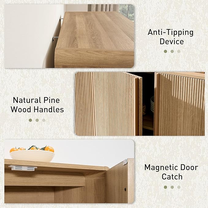 AMERLIFE 63" Fluted Sideboard Buffet Cabinet with Storage, Modern Credenza Console with 4 Doors & Adjustable Shelves, Wood Coffee Bar for Kitchen, Living Room, Hallway, Natural Oak