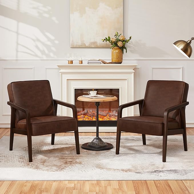 Yaheetech PU Leather Accent Chair, Mid-Century Modern Barrel Chair with Wooden Frame and Soft Thick Padded for Living Room Bedroom Home Office, 2 PCS, Dark Brown