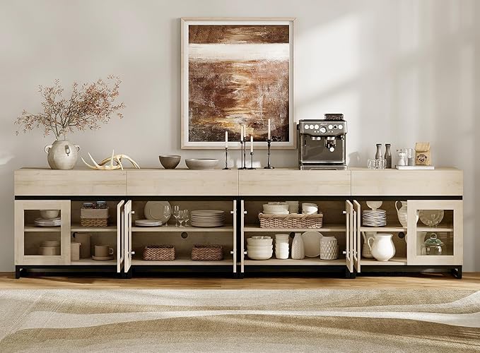 WAMPAT 4 in 1 Sideboard Buffet Cabinets with 8 Glass Doors, Modern Sideboard Credenza, Coffee Bar Storage Cabinet for Living Room, Kitchen, Light Oak