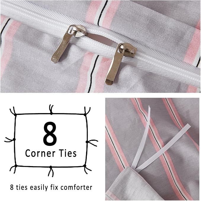 Merryword 100% Cotton Duvet Cover Set King Size - Gray and Pink Striped Bedding Set with Zipper & Corner Ties, 3-Piece Luxury Linen Like Bedding Set for All Seasons