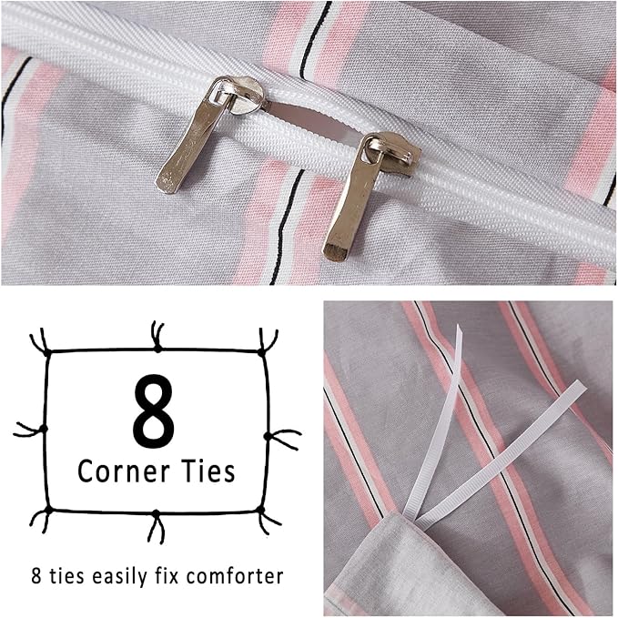Merryword 100% Cotton Duvet Cover Set Queen Size - Gray and Pink Striped Bedding Set with Zipper & Corner Ties, 3-Piece Luxury Linen Like Bedding Set for All Seasons