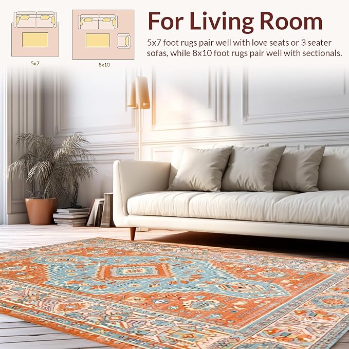 Flatwoven High Traffic Area Rug 6x9, Southwest Desert Bloom Motif Floor Covering with Elegant Detail, Non Slip, Stain Resistant, Washable Area Rugs for Living Room, Bedroom (Blue, 6x9)
