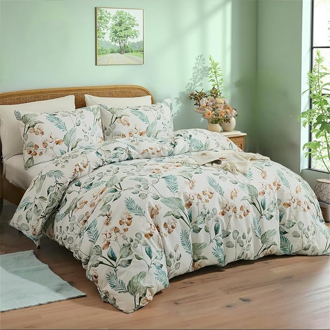 100% Cotton Duvet Cover King Size – Eucalyptus Botanical Print Green Floral Duvet Cover Set, 3-Piece Soft Breathable Natural Premium Cotton Bedding Set for All Seasons