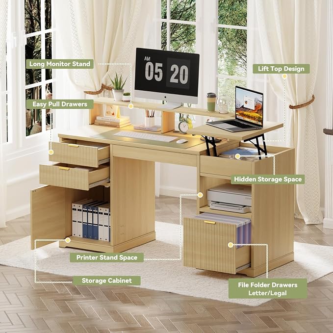 Fluted Desk with Drawers Filing Cabinet, 63" Home Office Executive Desk with Lift Top, Gaming Desk, Charging Station, Sensor Lights, Wood Computer Table with Monitor Stand, Natural Wood