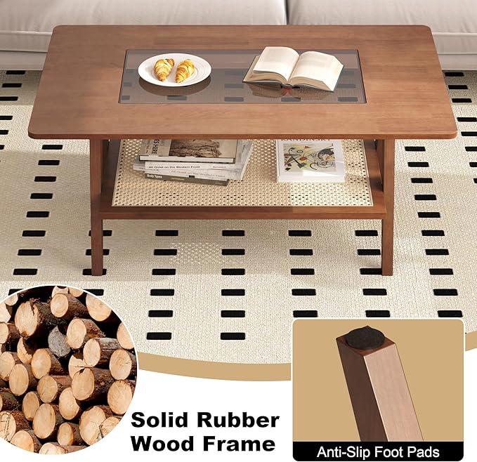 Mid Century Modern Coffee Table with Glass Top and Rattan Storage Shelf, Rectangular Walnut Wooden Coffee Table, Unique Center Tables for Living Room Apartment Home, 39.4 Inch