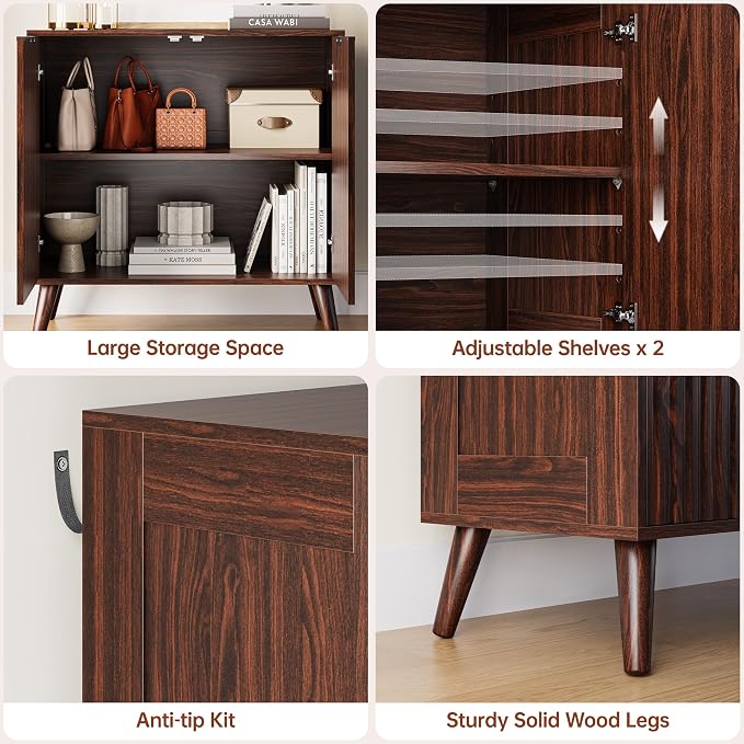 Set of 2 Fluted Sideboard Buffet Cabinet, 63" Mid Century Modern Storage Cabinet with Adjustable Shelves & 4 Doors, Accent Cabinet for Dining Room & Living Room, Walnut