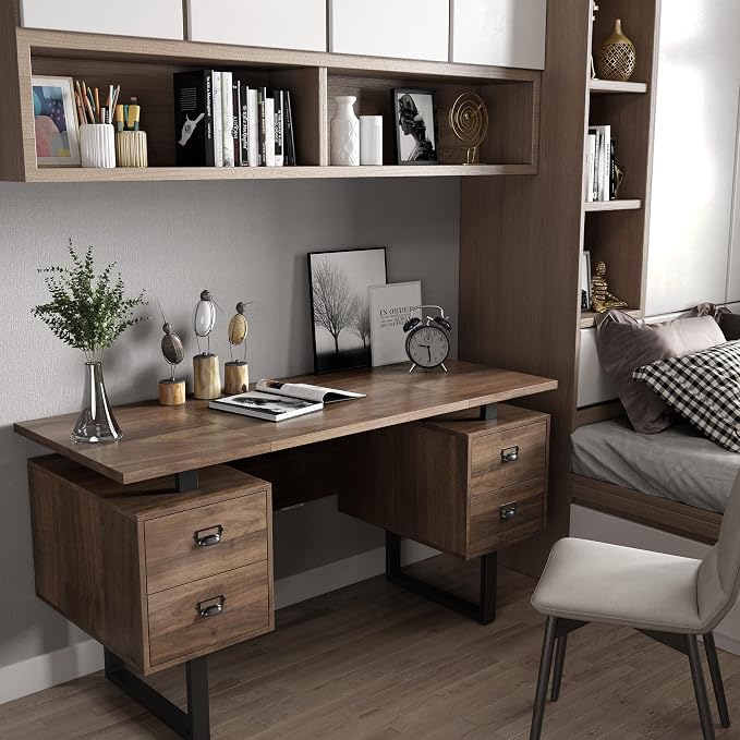 Computer Desk for Home Office with 4 Large Drawers, Rustic Wood Writing Study Table with Metal Frame, 59” x 21.7” x 29.5”, Easy Assembly, Brown CTSZ20401WA