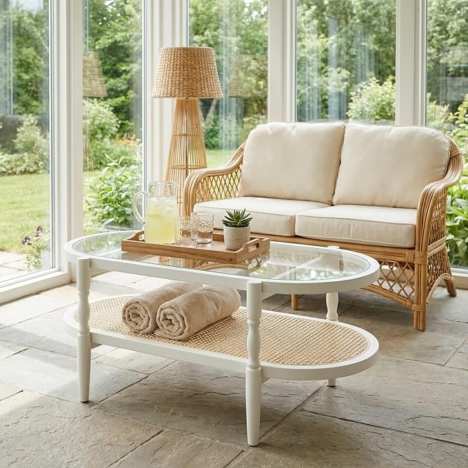 Rattan Coffee Table, Oval Cocktail Table with Glass Top and Solid Wood Frame, Boho Indoor & Outdoor Coffee Table, White, 48 in