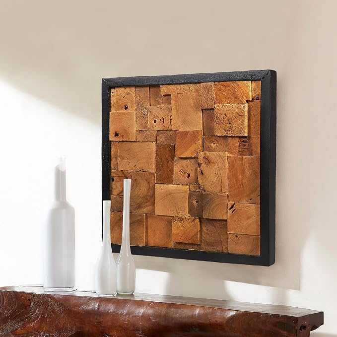 Warmaxx Rustic Teak Wood Framed Wall Decor Aesthetic 17''x17 Farmhouse Geometric Block Wall Art Christmas Decoration Home Living Room Bedroom Office Handmade Square Wooden Slatted Collage