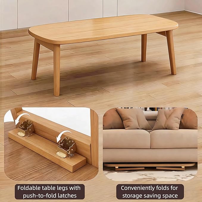 Foldable Coffee Table, Sofa Table, Coffee Tables for Living Room，Minimalist Solid Wood Side Table, Foldable Legs, Natural Wood Color.(31.5IN)
