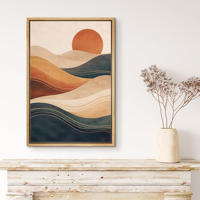 MUDECOR Framed Canvas Print Wall Art Modern Abstract Desert Sun and Flowing Waves Illustrations Minimalism Decorative Bohemian Zen for Living Room, Bedroom, Office - 16"x24" NATURAL