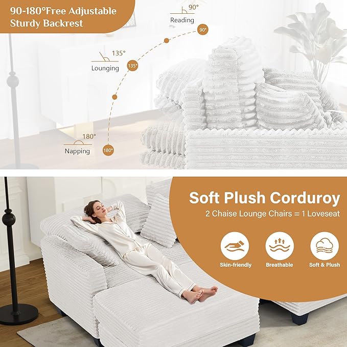 Oversized Chaise Lounge Chair Indoor with USB, Cup Holder & Ottoman, Firm Solid Wood Frame with Long Service Life Corduroy Oversized Lounge Reading Chair for Study Room - Beige White