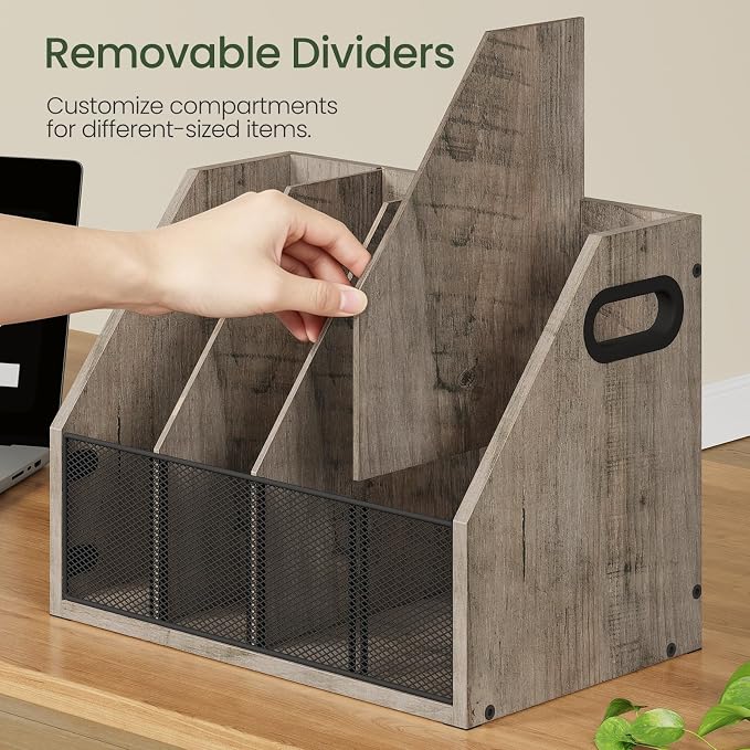 CHOEZON Wooden Desktop File Organizer with Removable Dividers, Mesh Front Panel for Paper, Mail, Magazine, Home Office Desk Storage, Easy Assembly, Greige MWJ06FH
