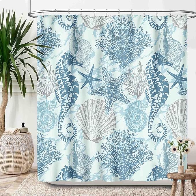 Nautical Coastal Shower Curtains,Ocean Summer Beach Seahorse Starfish Undersea Animals Theme Bathroom Curtain Waterproof Fabric Machine Washable with Hook,72x72Inch