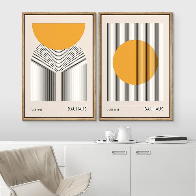 IDEA4WALL Framed Canvas Print Wall Art Set Bauhaus Geometric Solar Sun Wave Collage Abstract Shapes Illustrations Modern Art Decorative Multicolor for Living Room, Bedroom, Office - 16"x24"x2 Natural