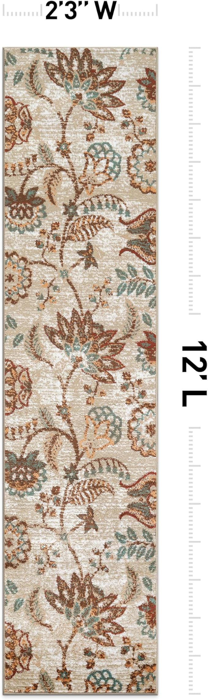 Rugshop Beige Floral Runner Rug- Vintage Botanical Indoor Carpet for Living Room, Bedroom, or Dining Room – Non-Shedding, Soft Low-Pile Traditional Runner Rug 2' 3" x 12'