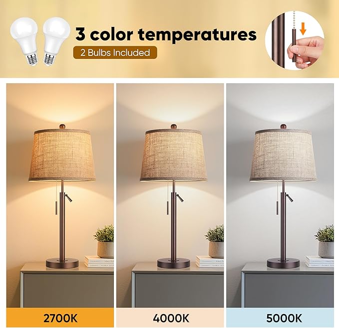 PARTPHONER Bedside Lamps Set of 2, Tall Table Lamps for Living Room, Height Adjustable Nightstand Lamps for Bedroom, Modern End Table Lamps with Pull Chain(LED Bulbs Included), Oil Rubbed Bronze