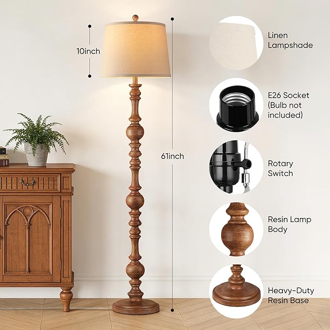 QiMH Vintage Floor Lamp for Living Room,61" Tall Rustic Standing Lamp with Linen Lampshade, Rotary Switch Farmhouse Floor lamp for Bedroom, Corner, Dining Room, Home Decor, Wood Grain