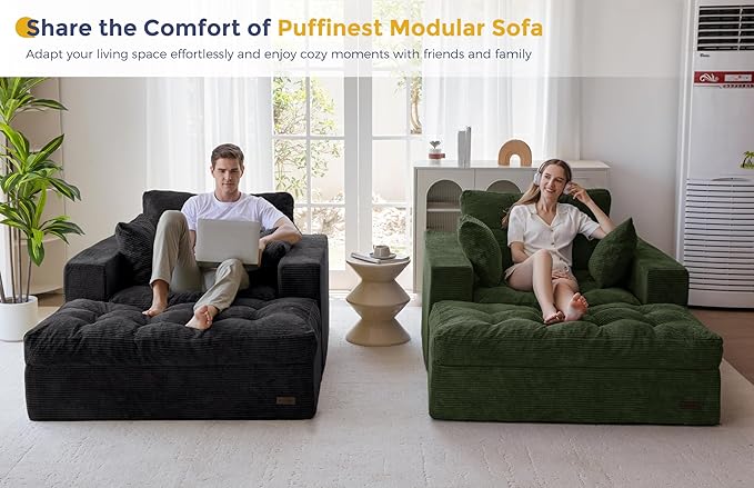 MAXYOYO Oversized Chaise Lounge Sofa, Upholstered Lounge Chair with 3 Pillows, Tufted Boneless Sofa Couch with Ottoman, Deep Seat Chair for Living Room, Bedroom, No Assembly, Dark Green