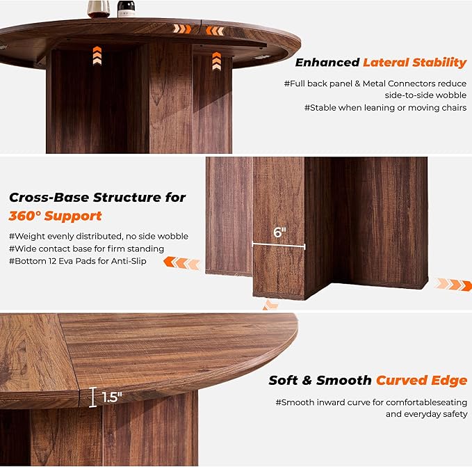 OKD 47" Round Dining Table for 4 People, Modern Pedestal Kitchen Table with Stable Cross Base & Thick Wood Top, Circle Dinner Table for Dining Room, Kitchen, Living Room, Rustic Walnut (Table Only)
