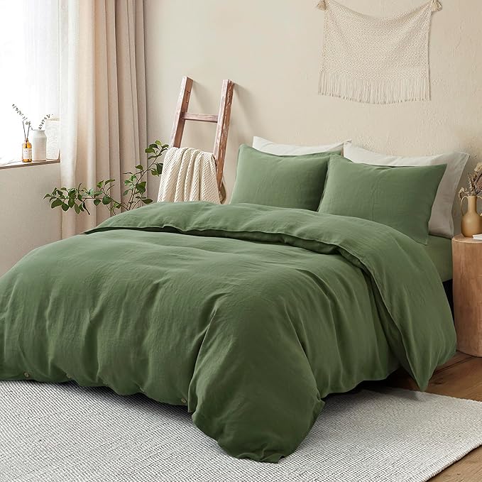 ATLINIA 100% Flax Linen Duvet Cover Set - Stone Washed Pure French Linen Organic Fabric for Farmhouse Comforter Boho Bedding Included 1 Duvet Cover 2 Pillow Shams(Green, California King)