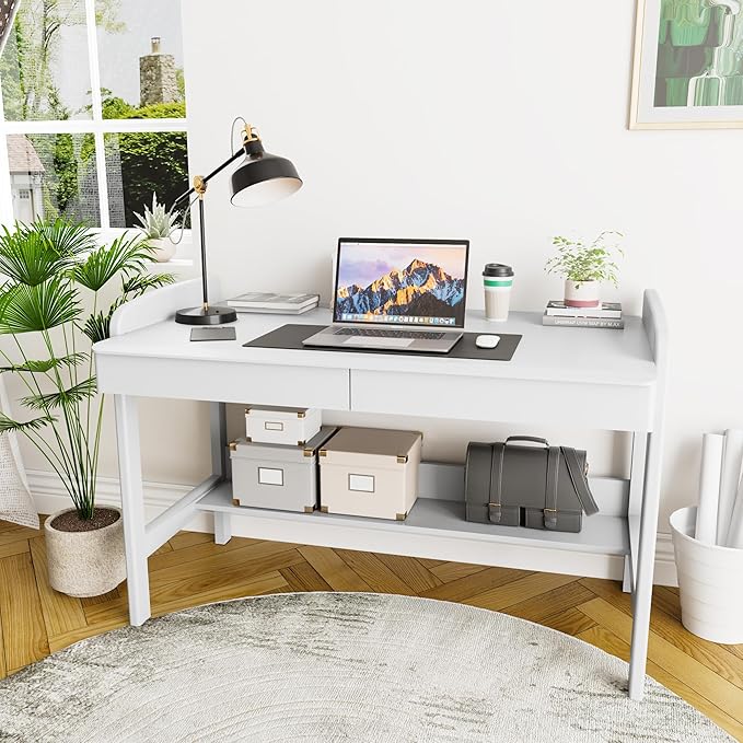 100% Solid Wood Desk with Drawers - 40 Inch Simple Modern Desks, Writing Desk with Drawers & Shelf, Work Study Table, Adjustable Height Home Office Computer Desks - White
