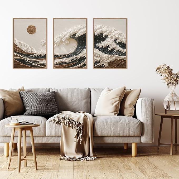 HLNIUC Sea Wave Framed Canvas Wall Art,Abstract Sun Seascape Wall Decor Set of 3(16”x24”) Large Modern Ocean Beach Art Print,Great Wave Sunset Pictures Canvas Painting for Living Room,Bedroom