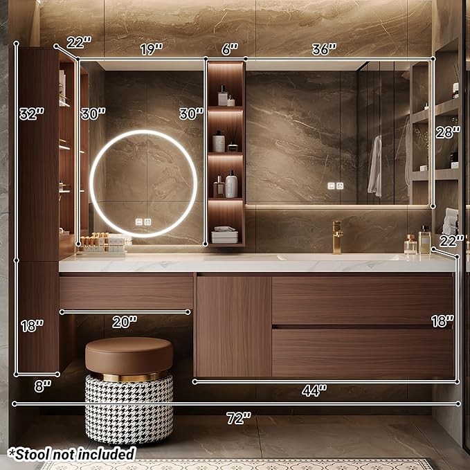 Floating Bathroom Vanity with Makeup Table, Single Sink Bathroom Vanity Includes LED Smart Defog Mirror with Open Shelf and Side Storage Cabinet, Wall-Mount Vanities with Drawers (Walnut A,72")