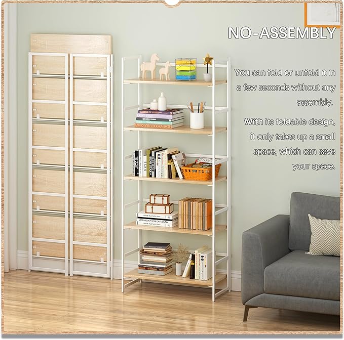 4NM No Assembly 5 Tiers Collapsible Book Shelves, 51.2" H Folding Bookshelf Bookcase Open Industrial Foldable Shelves for Bedroom, Living Room, Home Office - Natural White