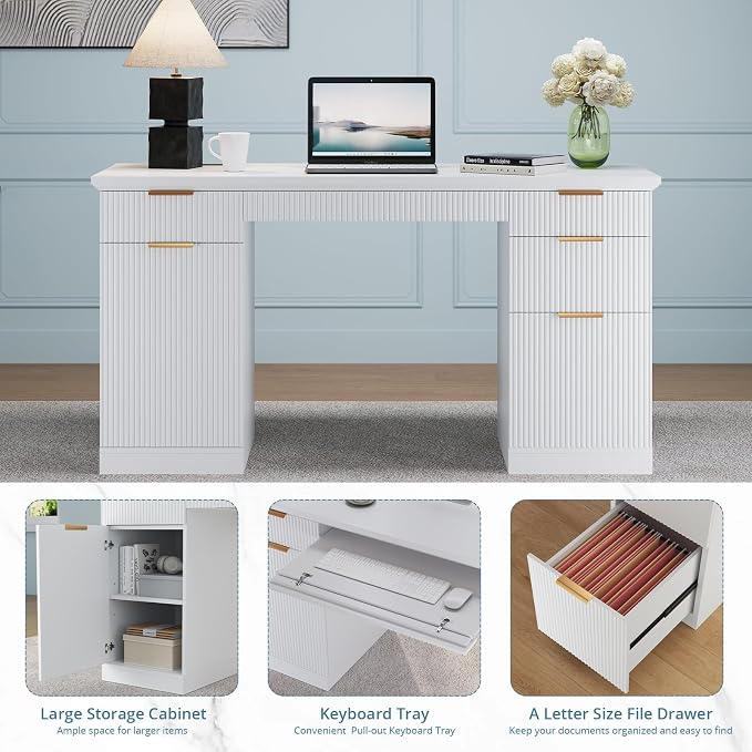FURSUN 58" Fluted Modern Desk with Storage, Home Office Desk with 1 File Cabinet & 5 Drawers, Wood Executive Computer Writing Desk for Study, Living Room, Bedroom, White