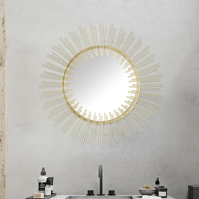 Edvivi Round 31" Antique Gold Sunburst Hanging Wall Mirror with Metal Frame, Decorative Mirror for the Living Room, Bedroom, Bathroom, Hallway, and Entryway