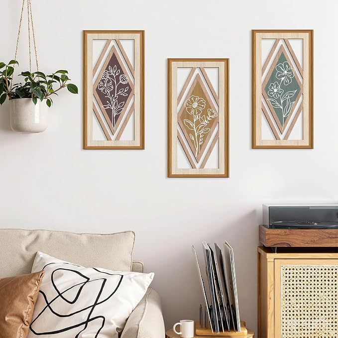 Celestdeco 3 Pcs Boho Flower Wall Decor,Boho Flower Wood Wall Art,Bohemian Floral Artwork Wooden,Botanical Modern Wood Art,Minimalist Wildflower Wooden Art Abstract for Living Room Bedroom Office