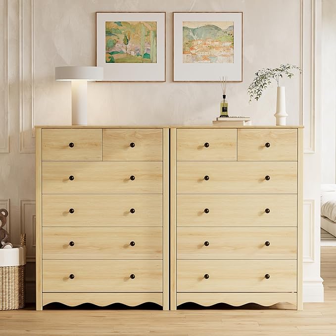 Dresser for Bedroom with 6 Drawers, 44” Tall Modern Wood Dresser Chest of Drawers with Metal Handle, Farmhouse Natural Solid Wooden Dressers Organizer for Living Room, Hallway