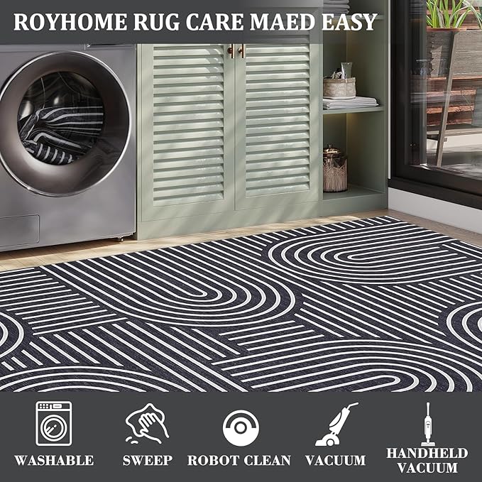 Washable Rug 10x13 Area Rugs for Living Room, Abstract Rug for Bedroom, Soft Rainbow Rugs with Rubber Back, Low Pile Stain Resistant Boho Geometric Rug for Dining Room, Black
