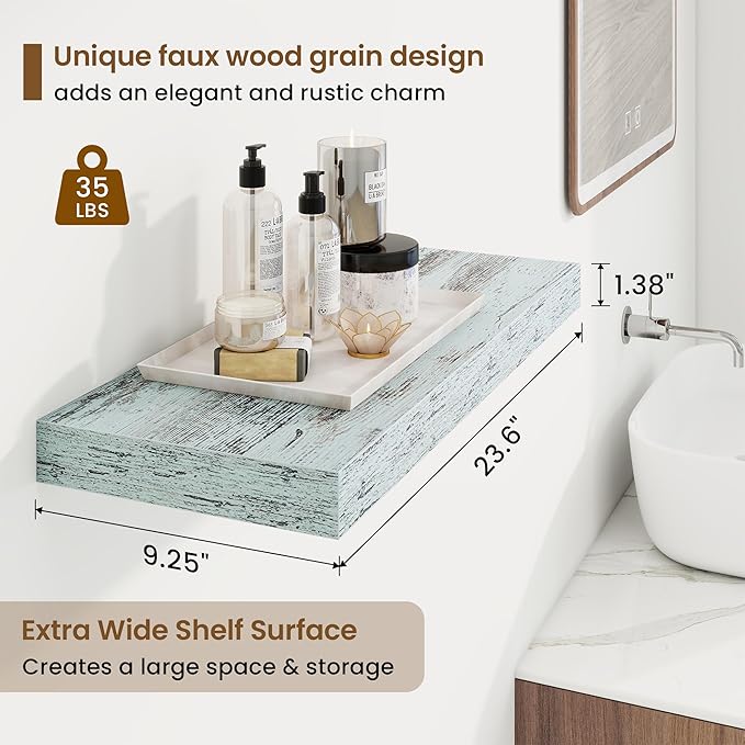 24in Floating Shelves for Wall, 24"W x 9.25"D x 1.25"H, 2 Pack Long Wall Mounted Engineered Wood Shelves with Invisible Brackets for Living Room, Bedroom, Bathroom, Kitchen Decor and Storage, Blue