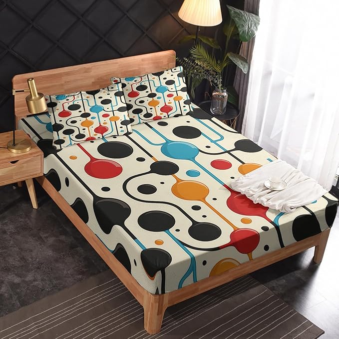 Mid Century Modern Abstract Bed Sheets Cal King Size, Geometric Dots and Lines Sheet Set, Soft Deep Pocket Wrinkle Free Fitted Sheet & Flat Sheet & Pillowcase Sets, Bold Bedding Sheets - 4 Piece