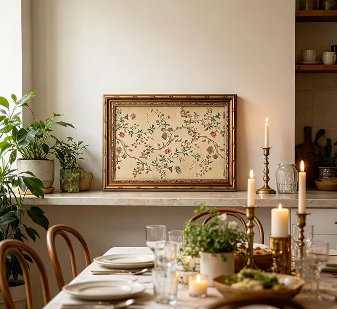 Vintage gold framed Floral Vine wall art Retro Beige Botanical Painting Canvas Prints Elegant Antique Flower French Leaf Wall Decor for Farmhouse Bedroom Living Room Home Decration 12x16in
