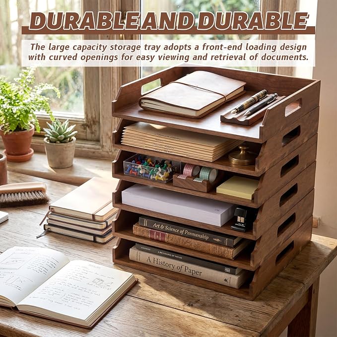AceOrbit 6 Pcs Stackable Paper Tray Acacia Wood Desk Organizer Letter Tray 6 Tier Wooden File Organizer Desk Shelf for Documents, Letter Sorter, Envelopes and Magazine Holder