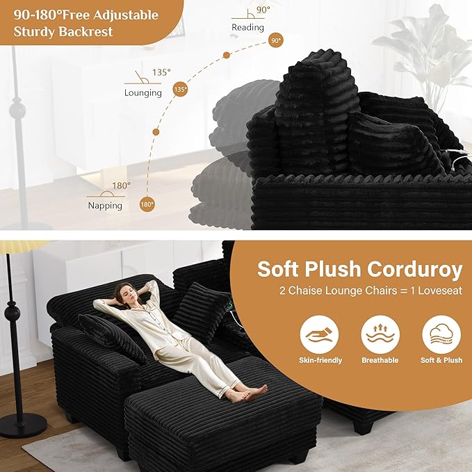 Oversized Chaise Lounge Chair Indoor with Adjustable Backrest, USB, Cup Holder & Ottoman, Firm Solid Wood Frame with Long Service Life Corduroy Oversized Lounge Reading Chair for Study Room - Black