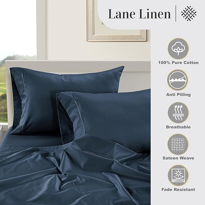 100% Egyptian Cotton Sheets Queen Size - Naturally Cooling & Breathable 4 Piece Silky Sateen Weave Queen Sheet Set, Ultra-Soft & Durable Hotel Luxury Sheets with 15" Snug Fit Deep Pockets - Dark Denim