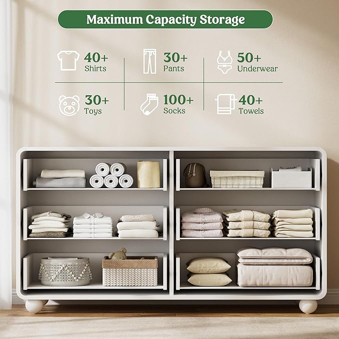 Lulive Wood Dresser for Bedroom, 53” Wide Chest of Drawers with 6 Drawers, Modern Closet Storage Drawer with Curved Profile Design for Living Room, Hallway, Entryway, White