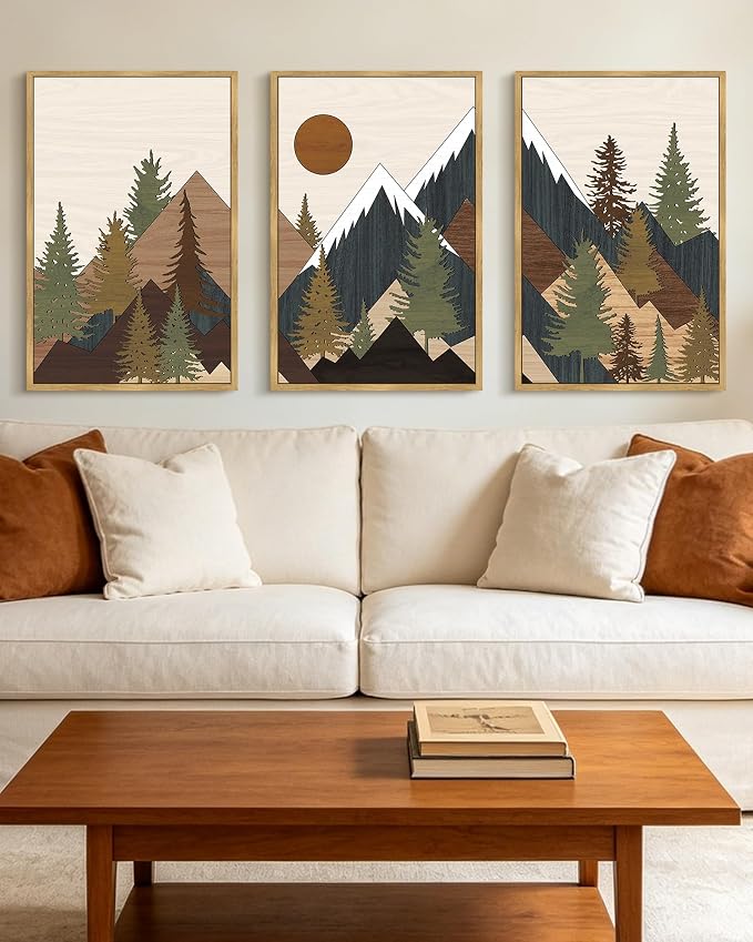 KUVIOKE Morden Mountains Framed Wall Art Boho Pine Tree Forest Nature Landscape Artwork Bohemain Farmhouse Rustic Bedroom Living Room Decor 16x24in (Natural Framed)
