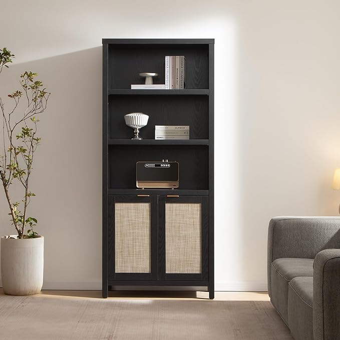 SICOTAS Bookcase 71" Tall Bookshelf 5 Tier Rattan Boho Bookcase with Doors Storage Large Book Case Shelf Farmhouse Bookshelves Library Book Shelves for Living Room Bedroom Home Office Kitchen